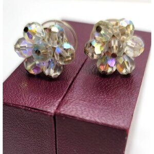 Beaded Iridescent Post Earrings Floral Style Clear with Rainbow Coloring LI303